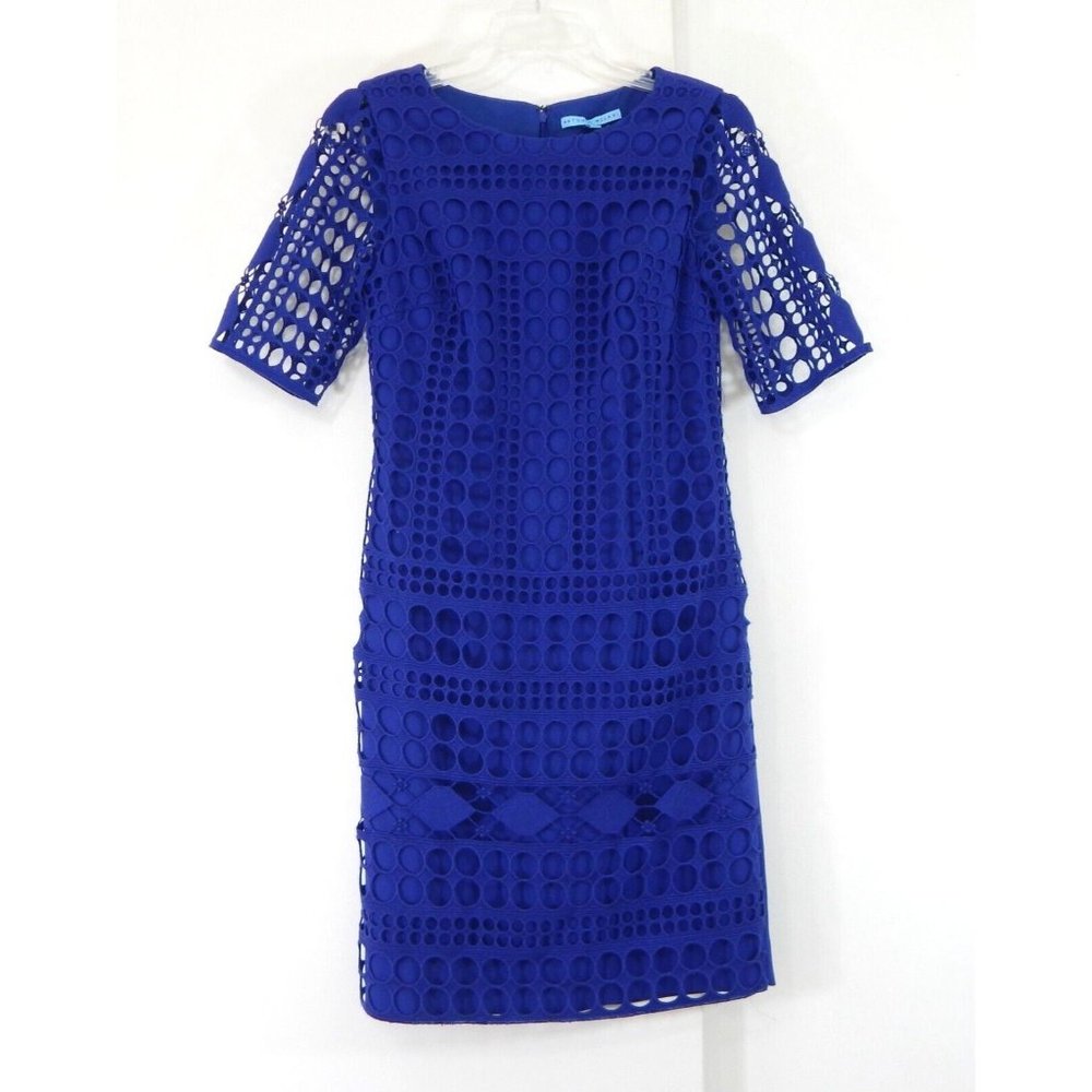 ANTONIO MELANI dress shift sheath short sleeve crochet sheer career royal blue 2
